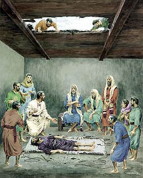They climbed up on the house, made a hole in the roof, and lowered the sick man down where Jesus was. (Copyright © New Tribes Mission; used by permission)