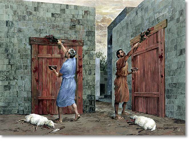 They were to take the blood of the lamb and put it on the top and the sides of the doorway of their house. This blood would protect their oldest son from death. (graphic copyright New Tribes Mission; used by permission.)