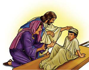 Then He spoke to her son who was dead, "Young man, I say to you, Arise!" (illustration by Stephen Bates)