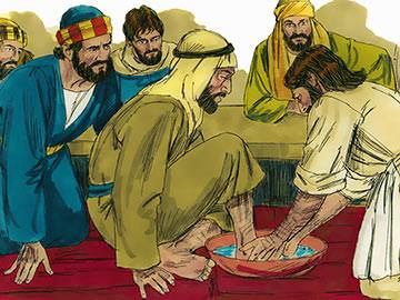 Jesus rises from the table and begins to undertake the menial task of washing His disciples’ feet