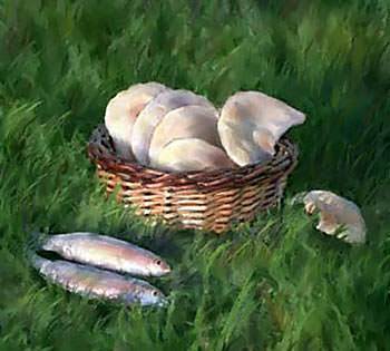 The boy gave all the food he had to Jesus — five small, round loaves of bread, like crackers, and two tiny dried fishes.