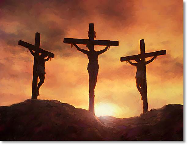 There they hung him on a cross. On each side of his cross was another cross.