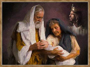 Abraham and Sarah with baby Isaac, looking forward to Jesus the promised Savior