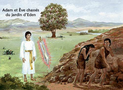 Adam et Ève chassés du jardin d’Eden (graphic copyrighted © New Tribes Mission. Used by permission.) 