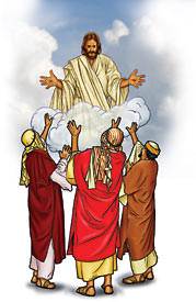 Then one day Jesus blessed His disciples and as they watched, He went up, up, up into the sky. (illustration by Stephen Bates)