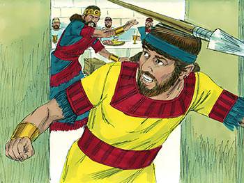 Saul twice hurls his spear at him