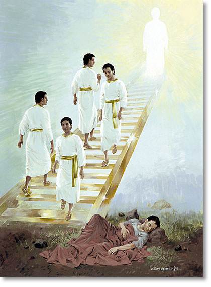 He dreamed he saw steps like a great tall ladder reaching up towards the sky. (Graphic copyrighted by New Tribes Mission; used by permission)