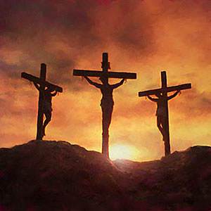 Arrivés à un endroit appelé Calvaire, des soldats ont cloué Jésus sur la croix, et ils ont fait la même chose avec les deux autres hommes