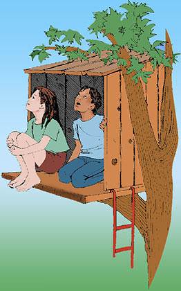 Marc et Isabelle sont assis à l’entrée de leur cabane en bois construite dans un arbre.