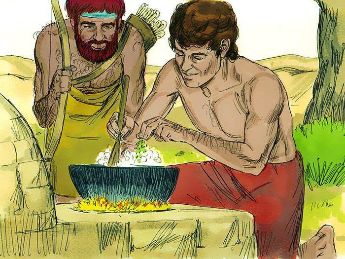 Esau watches Jacob cooking stew