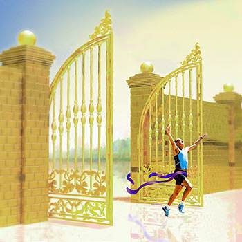 A Christian finishing his race through the gates of heaven
