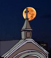 church steeple silhouetted against the light of a full moon