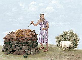 Isaac is a type of Christ who was obedient to His Father unto death. The ram which was offered as a sacrifice in Isaac's place is a type of Christ (graphic copyright by New Tribes Mission; used by permission.)
