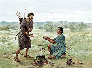 Jacob offered to trade Esau some of his stew for his birthright (graphic copyright by New Tribes Mission (used by permission)