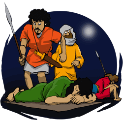 At night David and his nephew, Abishai, found their way into Saul’s camp. Saul lay sleeping with his spear stuck in the ground by his pillow